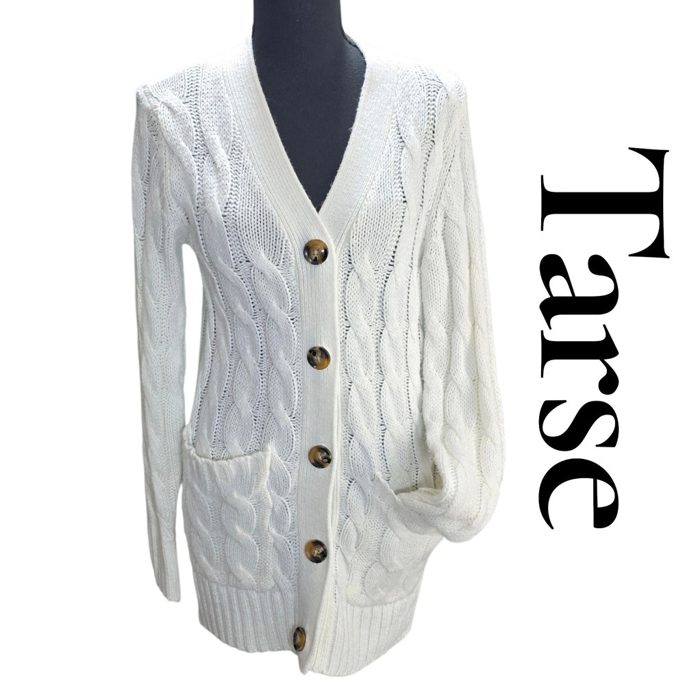 Tarse Cardigan Sweater Women S White Cable Knit Button Front Pocket Cozy Cabin